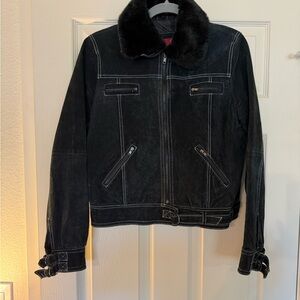 Paris Blues Black Leather Jacket with Fur Collar